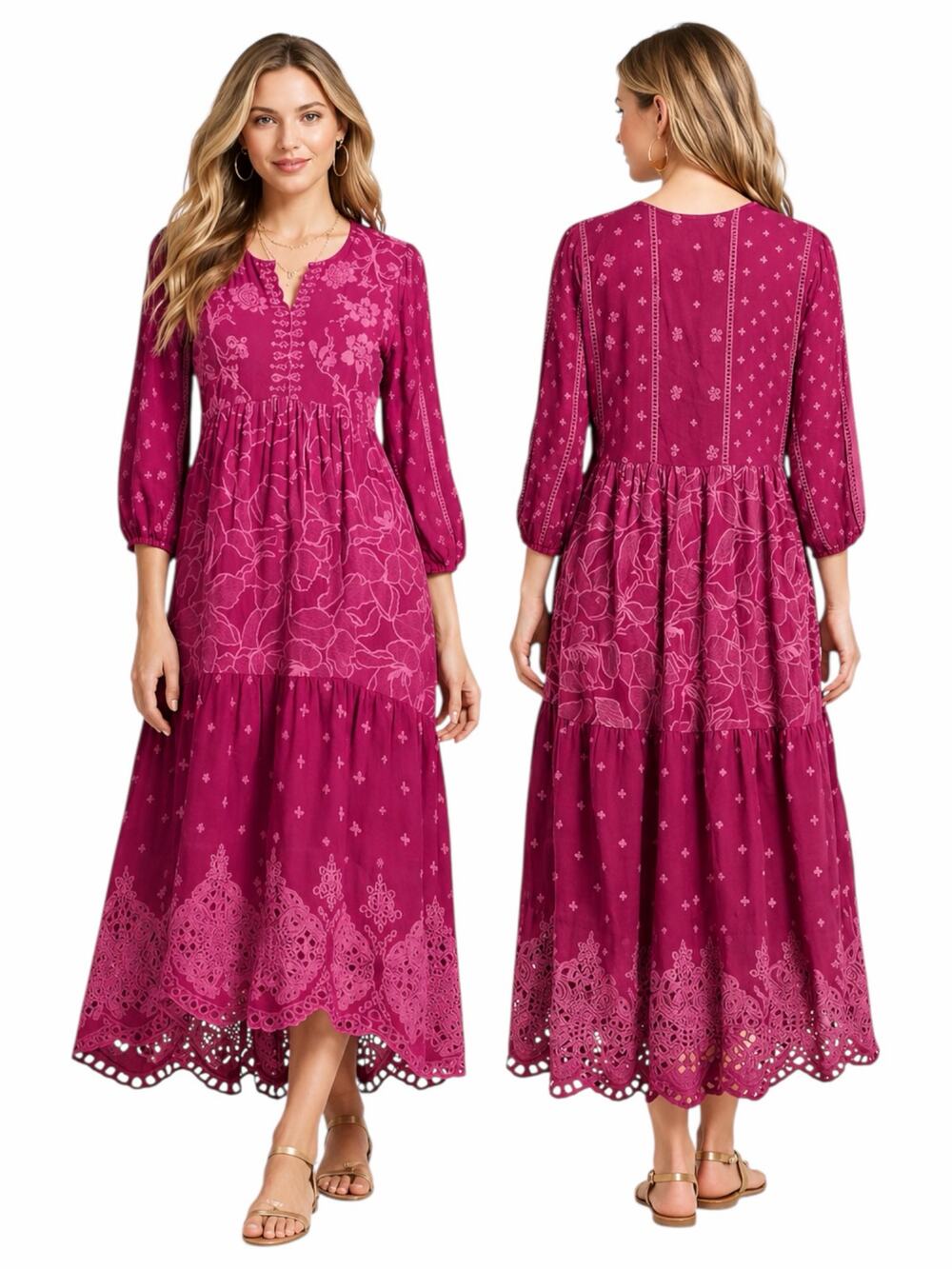 Johnny Was Gracie Hopscotch Embroidered Midi Dress Rumba Red Size M